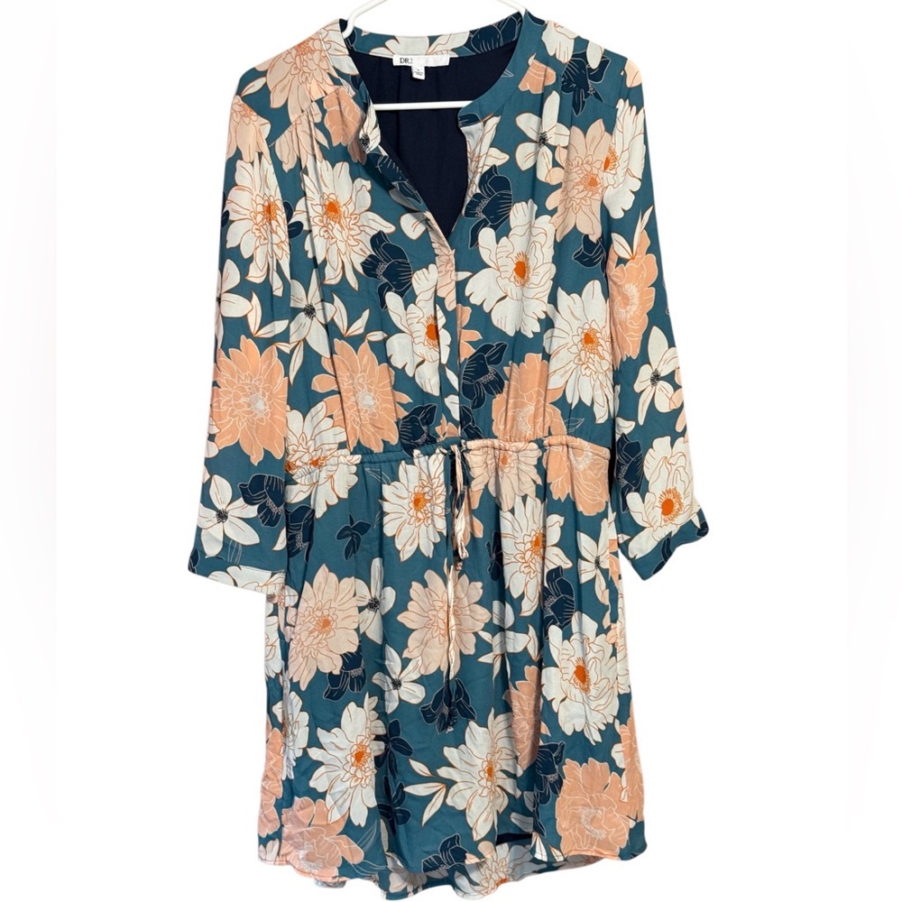 DR2 Floral Dress Womens Large Teal Peach Boho Tie Waist Midi